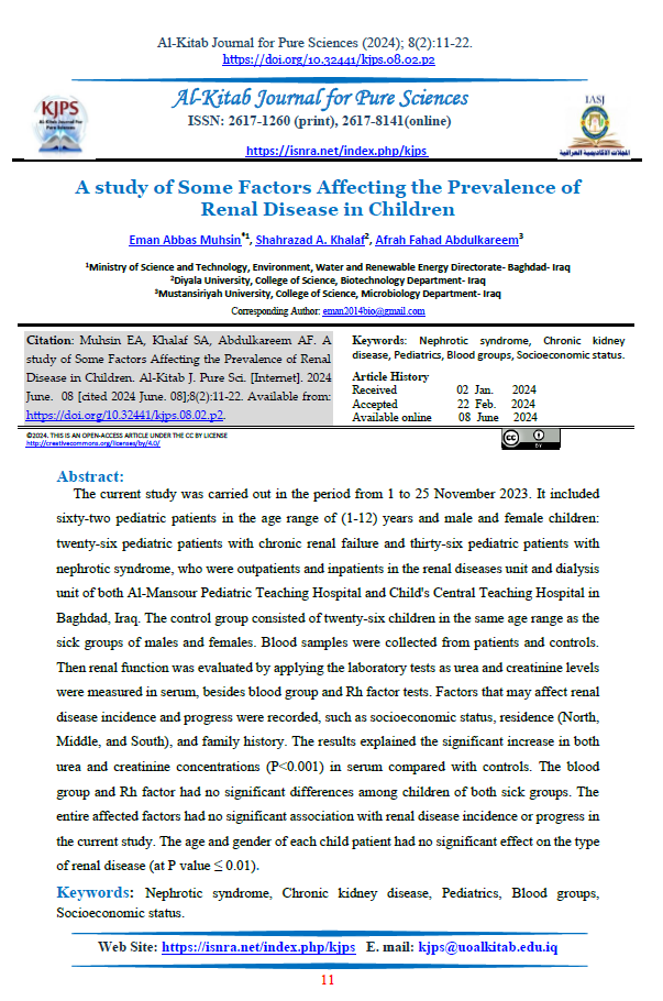 A study of Some Factors Affecting the Prevalence of Renal Disease in Children