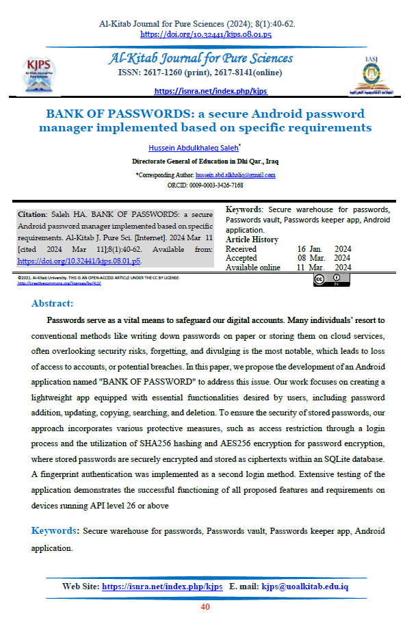 BANK OF PASSWORDS: a secure Android password manager implemented based on specific requirements 