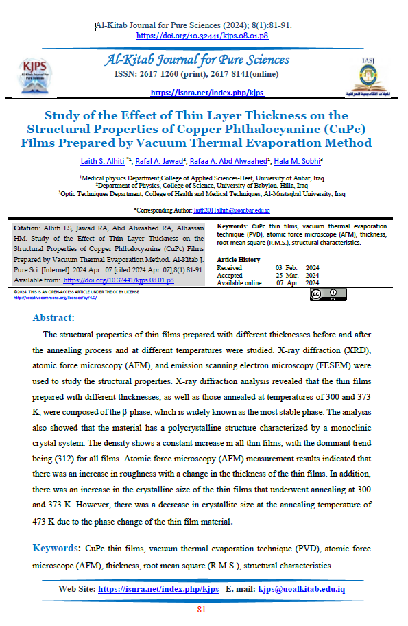 Study of the Effect of Thin Layer Thickness on the Structural Properties of Copper Phthalocyanine (CuPc) Films Prepared by Vacuum Thermal Evaporation Method