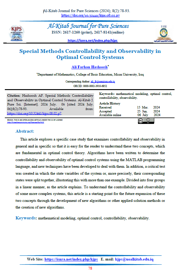 Special Methods Controllability and Observability in Optimal Control Systems 