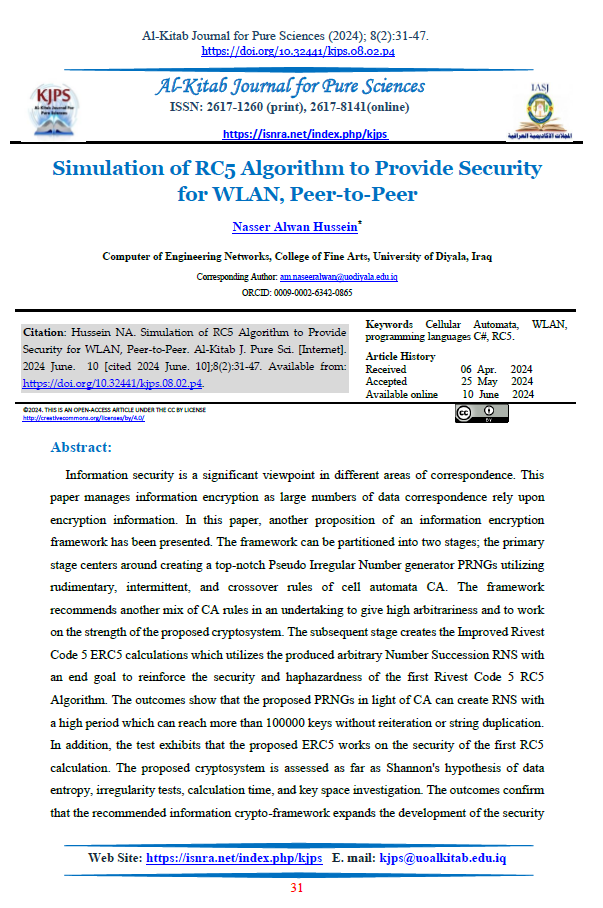 Simulation of RC5 Algorithm to Provide Security for WLAN, Peer-to-Peer
