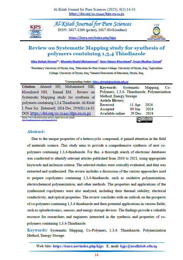Review on Systematic Mapping study for synthesis of polymers containing 1,3,4 Thiadiazole
