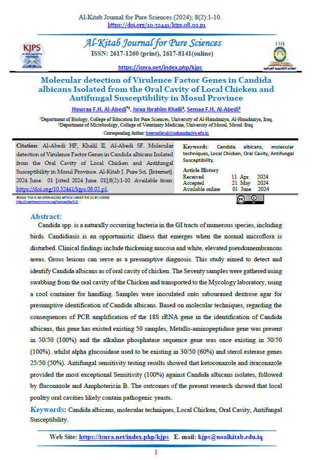 Molecular detection of Virulence Factor Genes in Candida albicans Isolated from the Oral Cavity of Local Chicken and Antifungal Susceptibility in Mosul Province