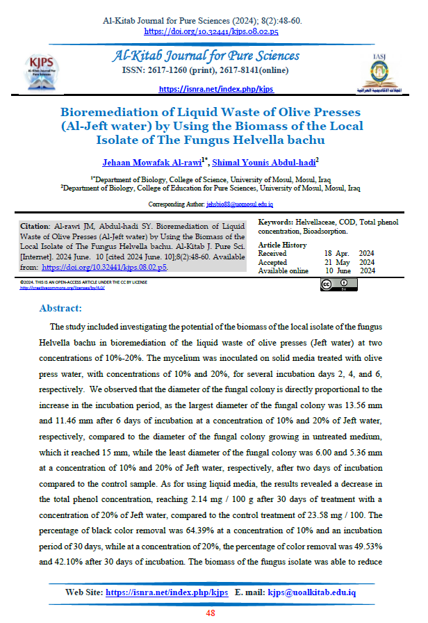 Bioremediation of Liquid Waste of Olive Presses  (Al-Jeft water) by Using the Biomass of the Local Isolate of The Fungus Helvella bachu 