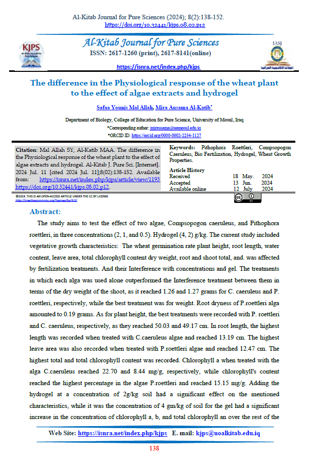 The difference in the Physiological response of the wheat plant to the effect of algae extracts and hydrogel